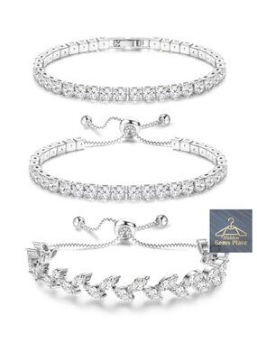 Silver Plated Adjustable CZ Tennis Bracelet Set 3Pcs Slide Clasp